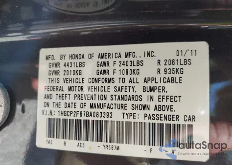 2011 Honda Accord 2.4 Ex-L from USA, damaged, VIN 1HGCP2F87BA083393